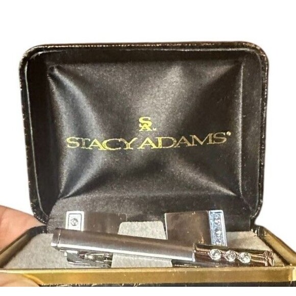 NIB Stacey Adams cufflinks Tie Clip Silver Tone Rhinestones - Picture 3 of 16